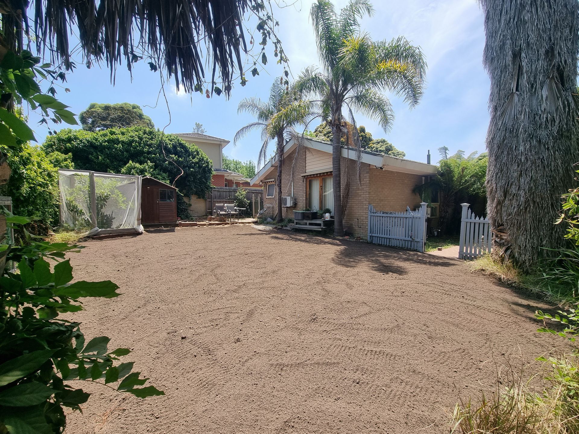 A yard with brown dirt, a palm tree, and a small brick house in the background under a blue, sunny sky  — All Over Pool Removals in Templestowe, VIC