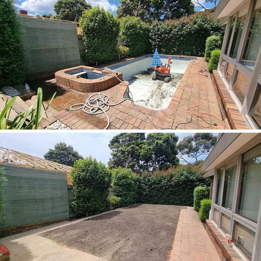 A before-and-after shot showing a backyard swimming pool being filled in with soil to create a flat landscape  — All Over Pool Removals in Lilydale, VIC