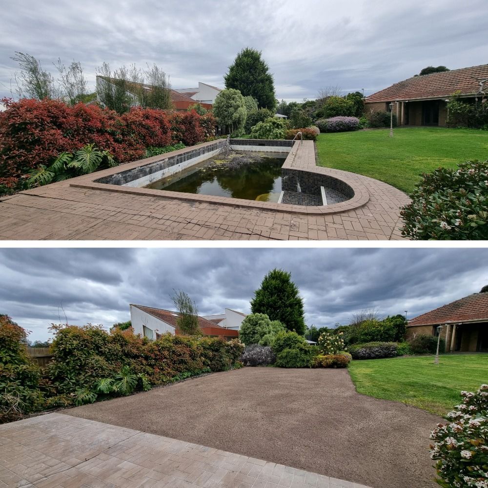 Before and after comparison of a backyard, showing an old pool removed and replaced with a paved patio area  — All Over Pool Removals in Doncaster, VIC