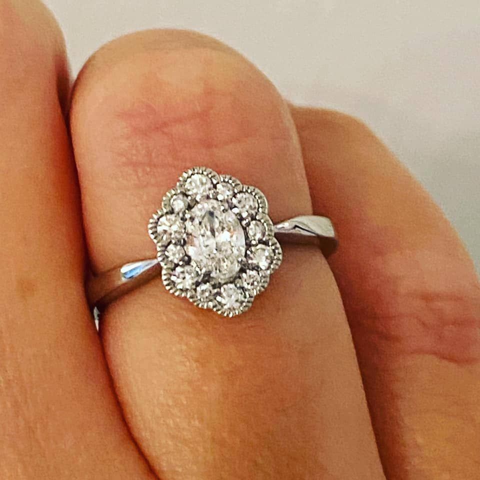 A close up of a diamond ring on a finger