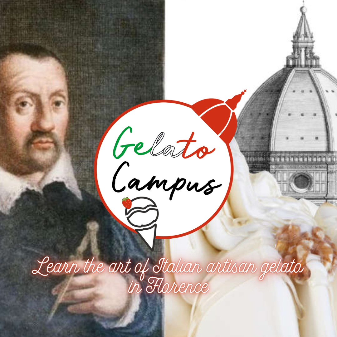 A picture of a man next to a picture of an ice cream cone that says gelato campus