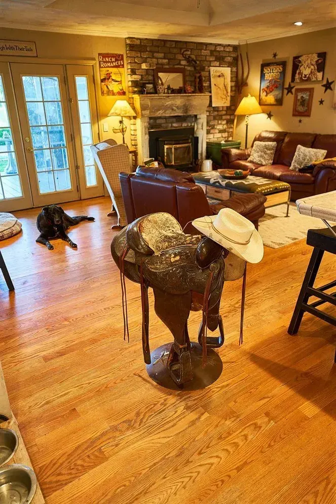 Western saddle with cowboy hat, on stand in a living room with dog, fireplace, and leather couch.