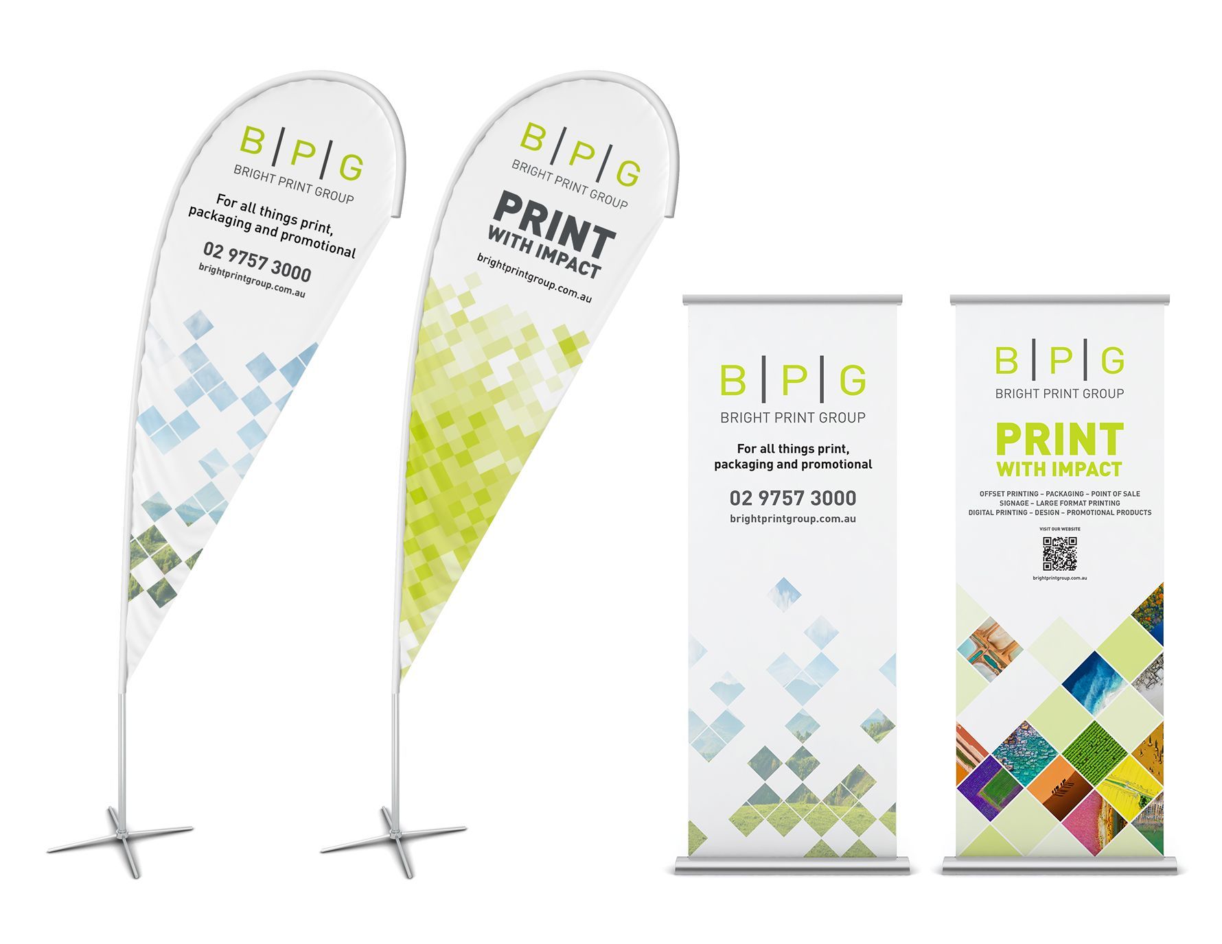 two tear-drop style flags on the left and 2 pull-up banners on the right advertising bright print