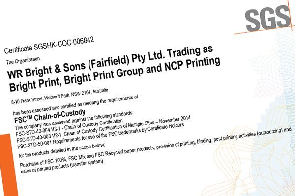 FSC® Chain of Custody Certification — Wetherill Park, NSW — Bright Print Group