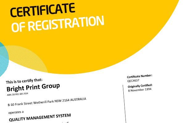 ISO 9001:2015 Quality Management System — Wetherill Park, NSW — Bright Print Group