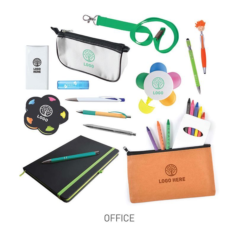 A variety of office supplies are displayed on a white background.