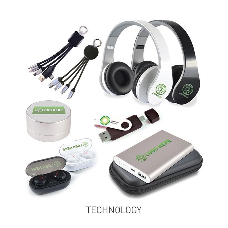 A variety of headphones , ear buds , a power bank , and a flash drive