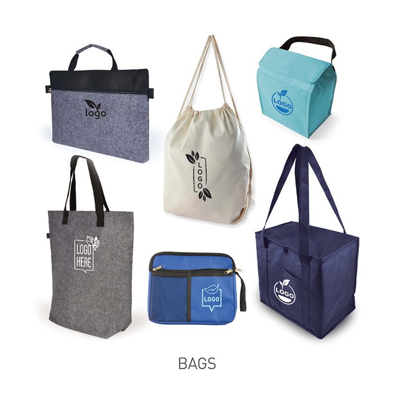 A variety of bags including a drawstring bag and a cooler bag