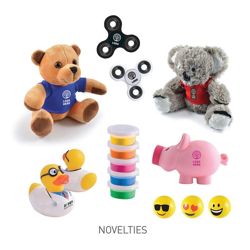 A variety of novelties including a teddy bear , a duck , a pig , and a fidget spinner