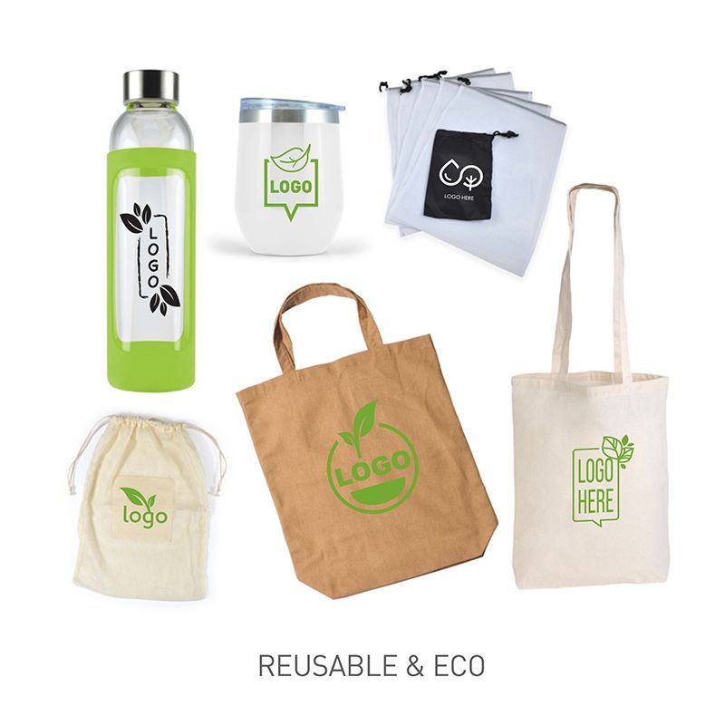 A variety of reusable and eco friendly products are displayed on a white background.