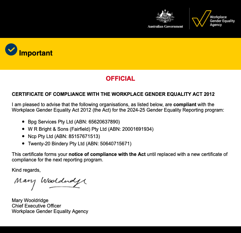 WGEA Report — Wetherill Park, NSW — Bright Print Group WGEA Report Certificate — Wetherill Park, NSW — Bright Print Group