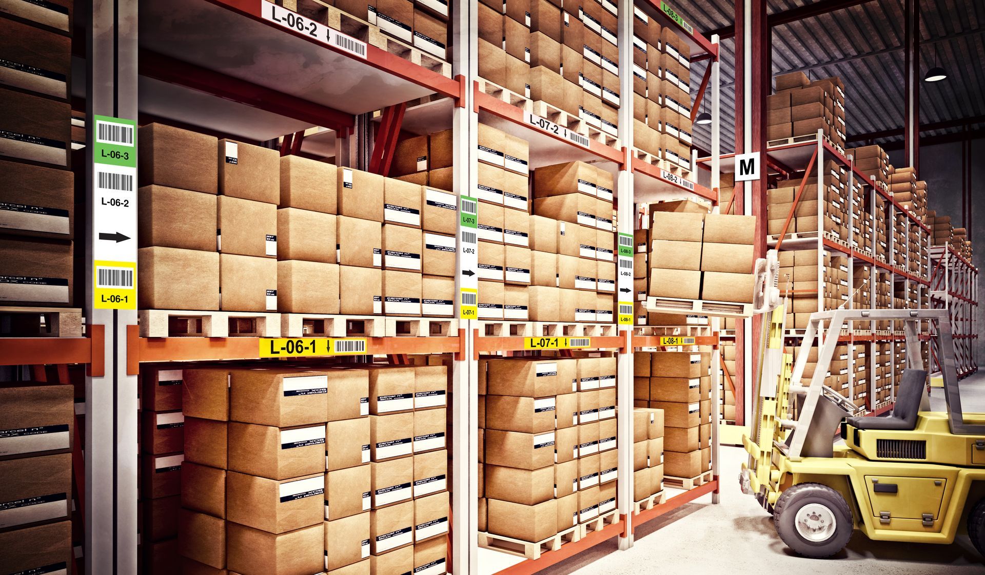 warehouse racking system with labels and signage