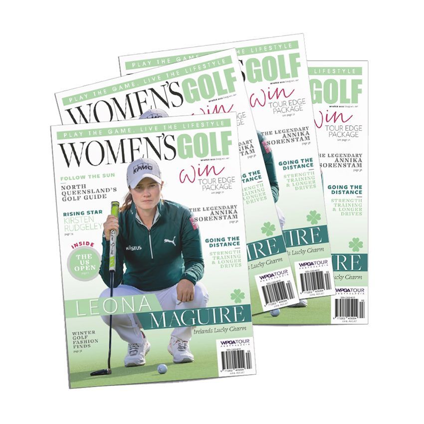 A woman is on the cover of a women 's golf magazine.
