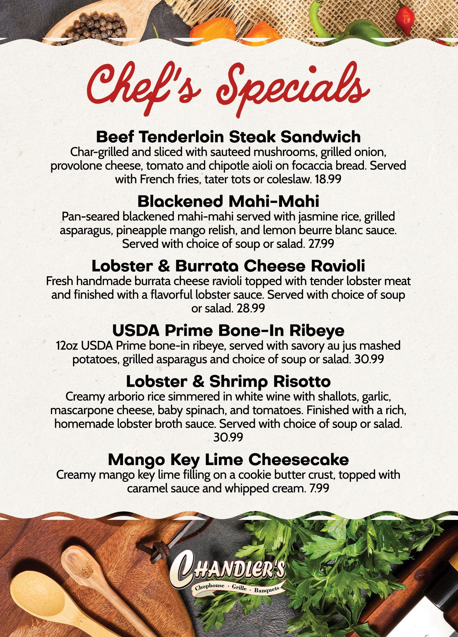 Chef's Specials at Chandler's Chophouse in Schaumburg