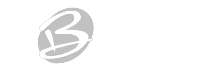 White stylized letter B on a gray oval background.