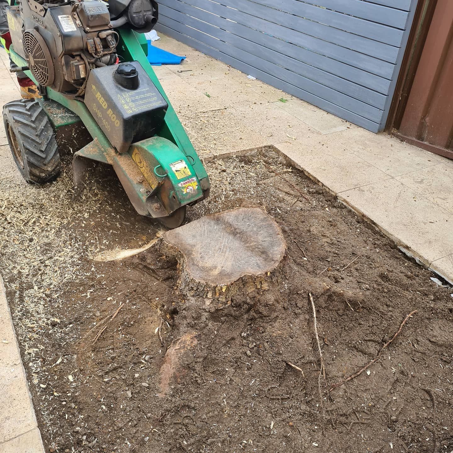 Stump Grinder Removing Tree Stump on a Concrete Surface — Lawn Maintenance in Umina Beach, NSW