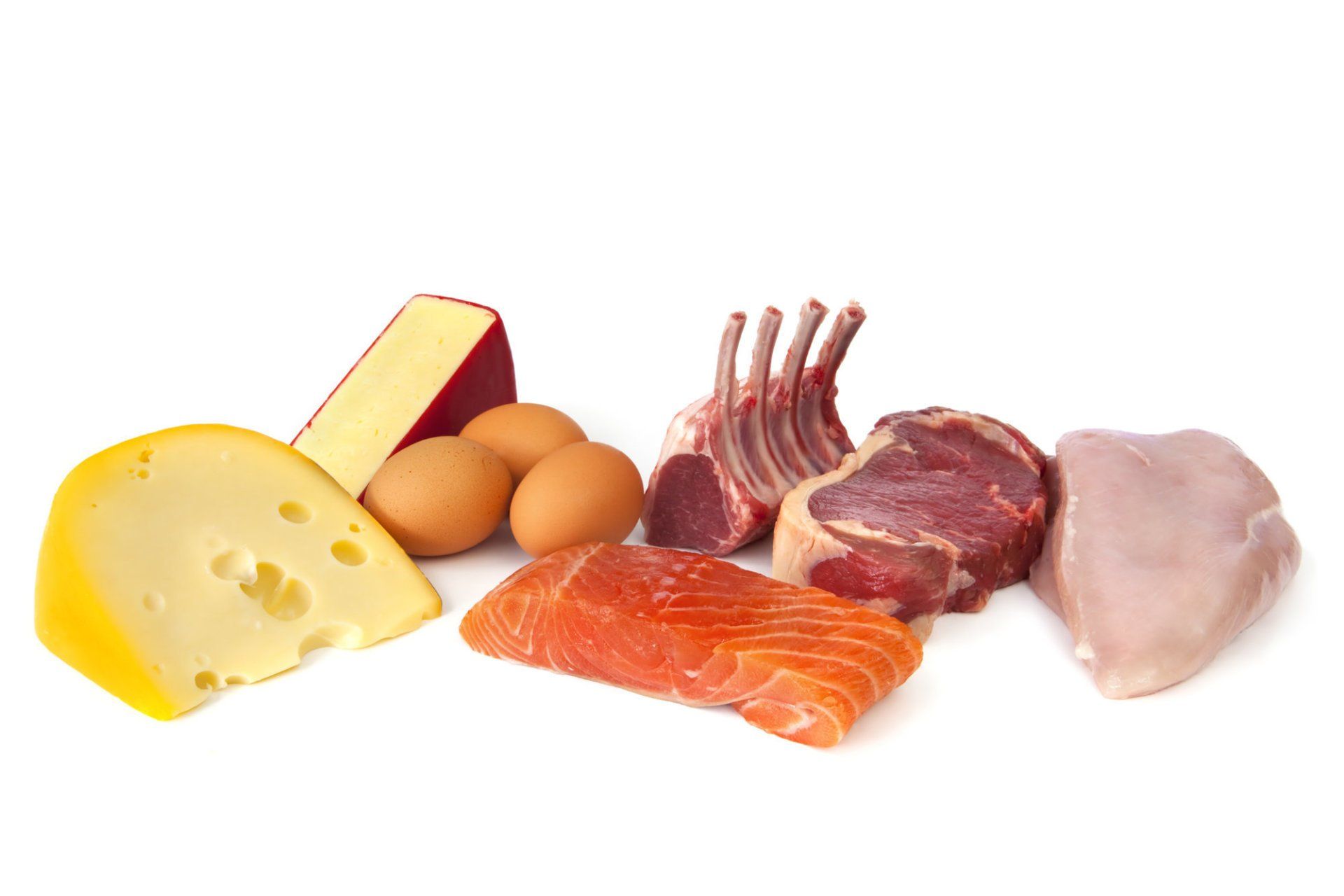 Foods rich in protein, including cheese, eggs, fish, lamb, beef and chicken