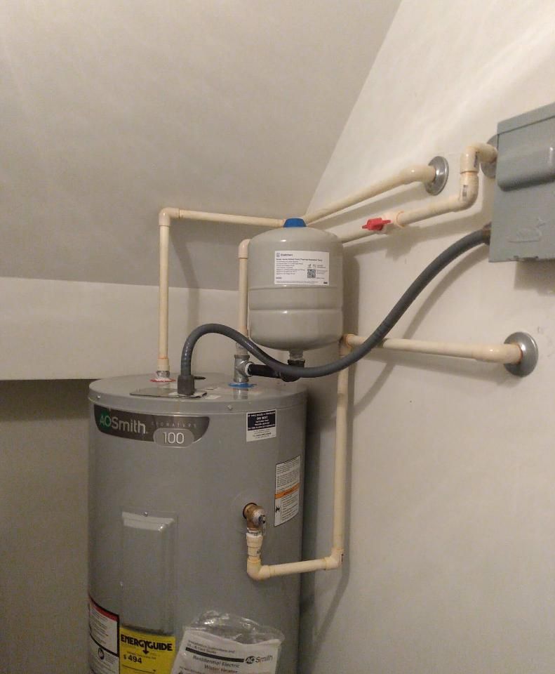 Water heater with expansion tank and plumbing, mounted in a corner against a white wall.