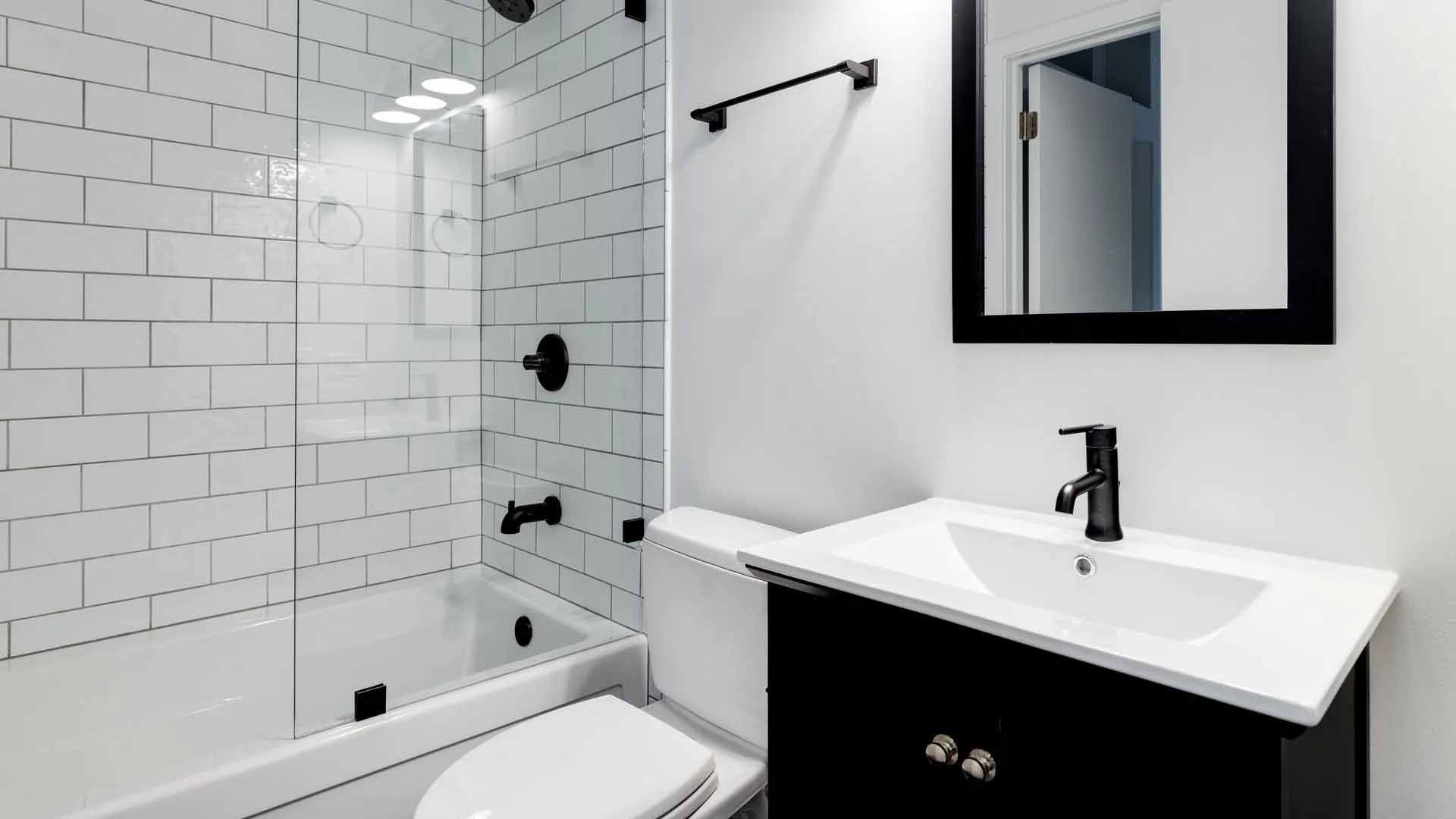 Salle de bains moderne blanche avec des touches de noir : douche, meuble-lavabo, toilettes et miroir.