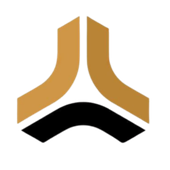 Gold and black geometric logo, a stylized triangle with curved sides.