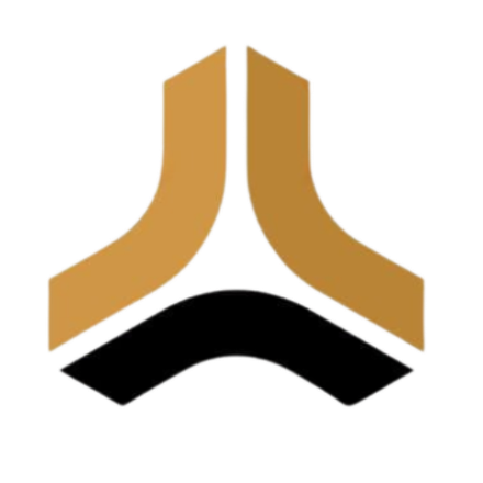 Gold and black geometric logo, a stylized triangle with curved sides.