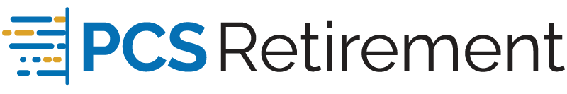 A blue and white logo for pcs retirement