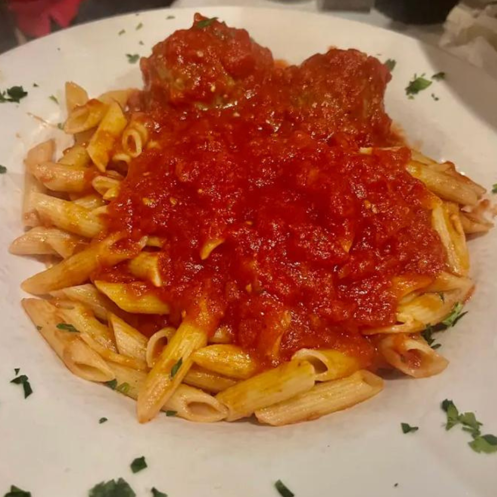 Big Louie’s penne pasta with meatballs and tomato sauce
