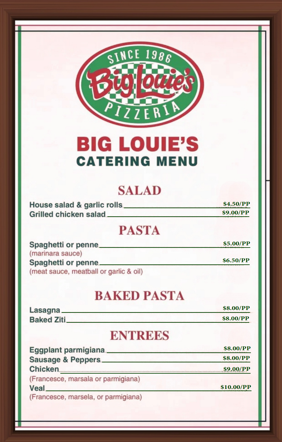 Big Louie's Pizzeria catering menu with salad, pasta, baked pasta, and entree options.