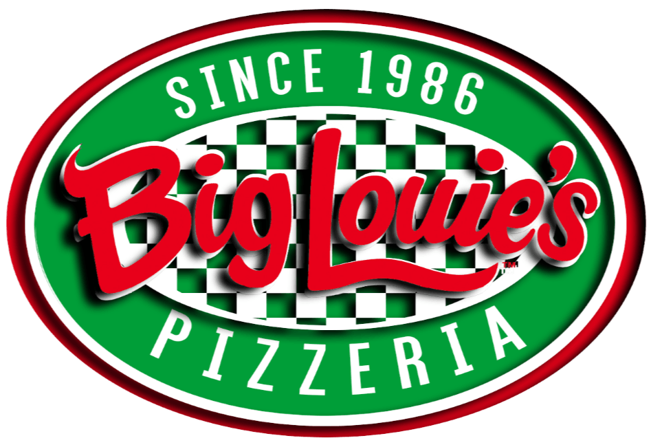 Big Louie's Pizzeria logo: Red, cursive text over a checkered background in a green oval. 