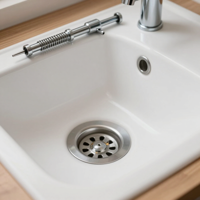 Chrome drain snake on a white bathroom sink beside the faucet