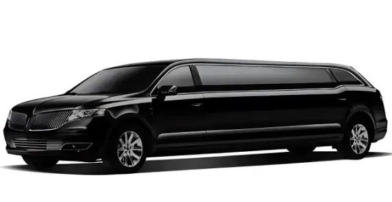 A black limousine is parked on a white background.