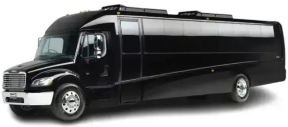 A black and white bus is parked on a white background.