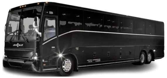 A black bus is parked on a white background.