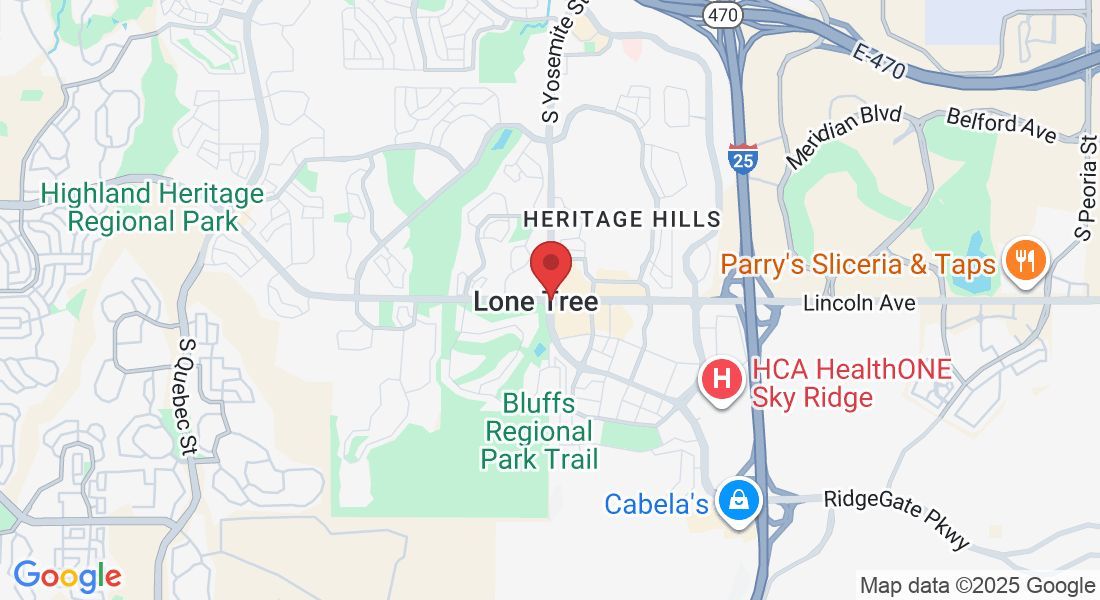 Map of Lone Tree, Colorado, with Heritage Hills and Bluffs Regional Park highlighted.