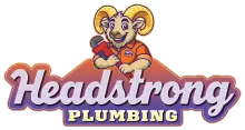 Headstrong Plumbing logo with a cartoon ram above purple and orange text