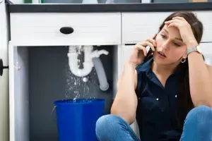 Woman on phone next to leaky sink, water in blue bucket, distressed expression.