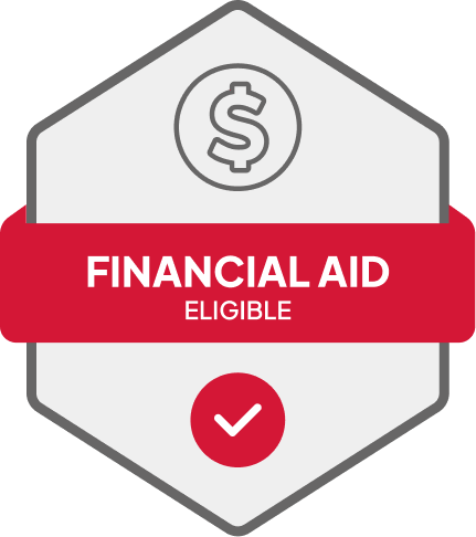 Badge: Financial Aid Eligible, blue banner, building icon, dollar sign.