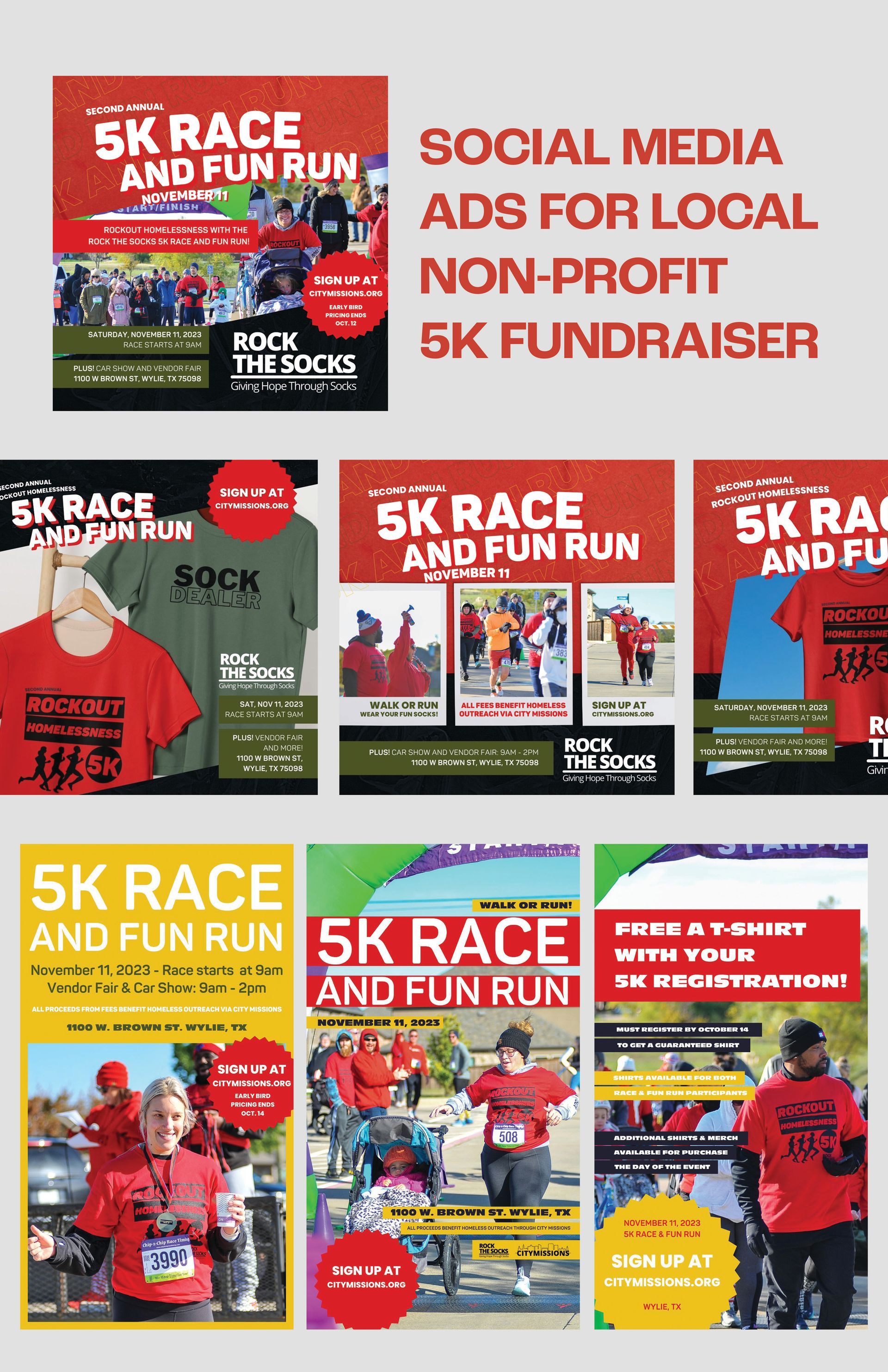 A collage of advertisements for a 5k race and fun run, custom designed for a local non-profit by Sarah Rosie Studios.