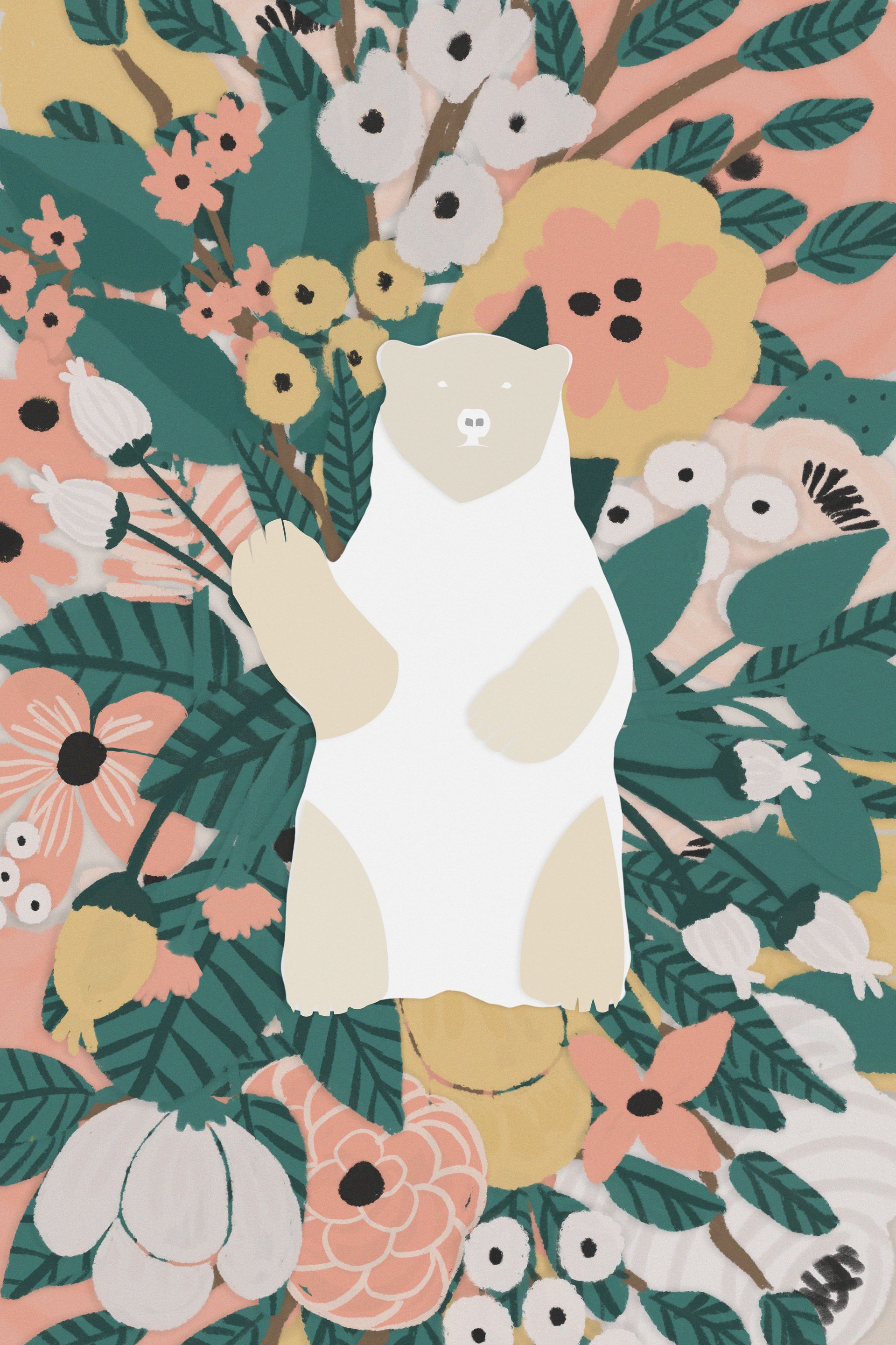 A polar bear is surrounded by flowers and leaves Custom Design by Sarah Rosie Studios.