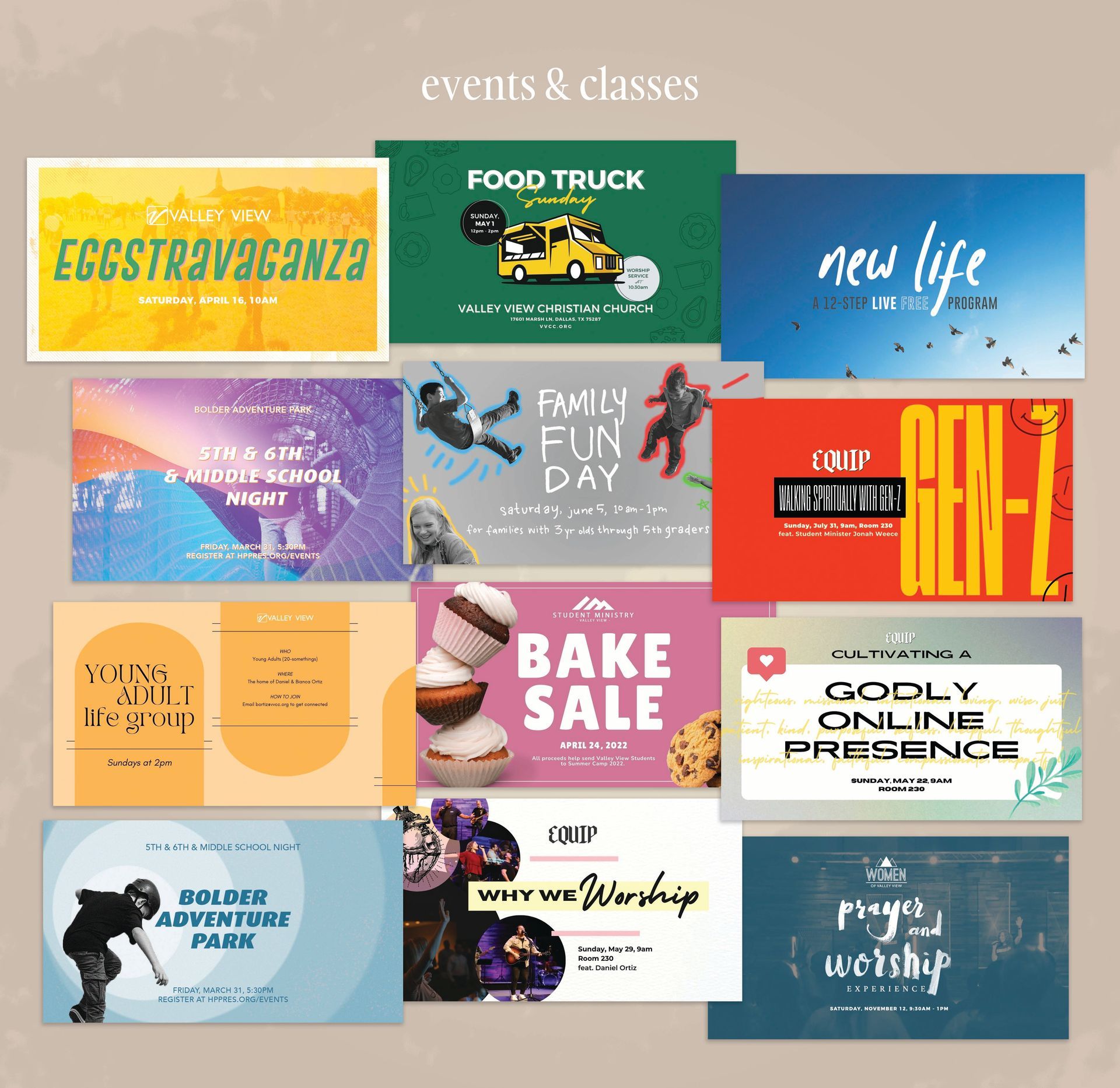 A colorful collage of custom designs created for local events and classes, from Sarah Rosie Studios.