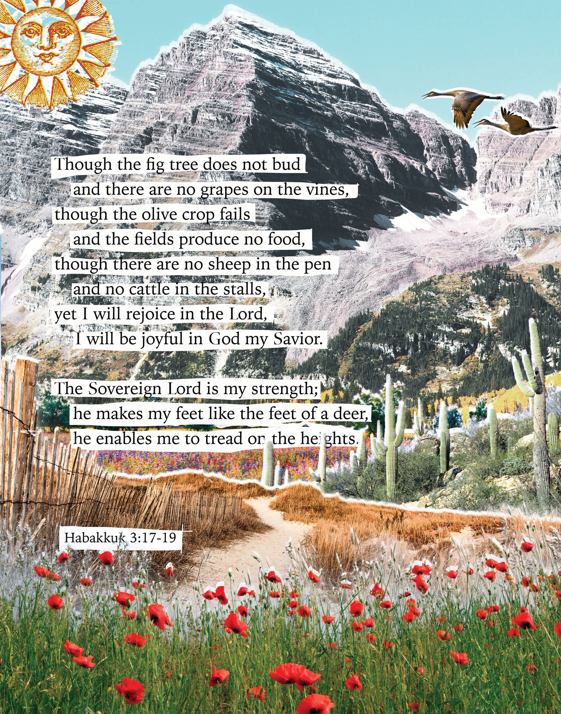 A collage of a mountain , cactus , and red flowers with a bible verse. Custom Design by Sarah Rosie Studios.