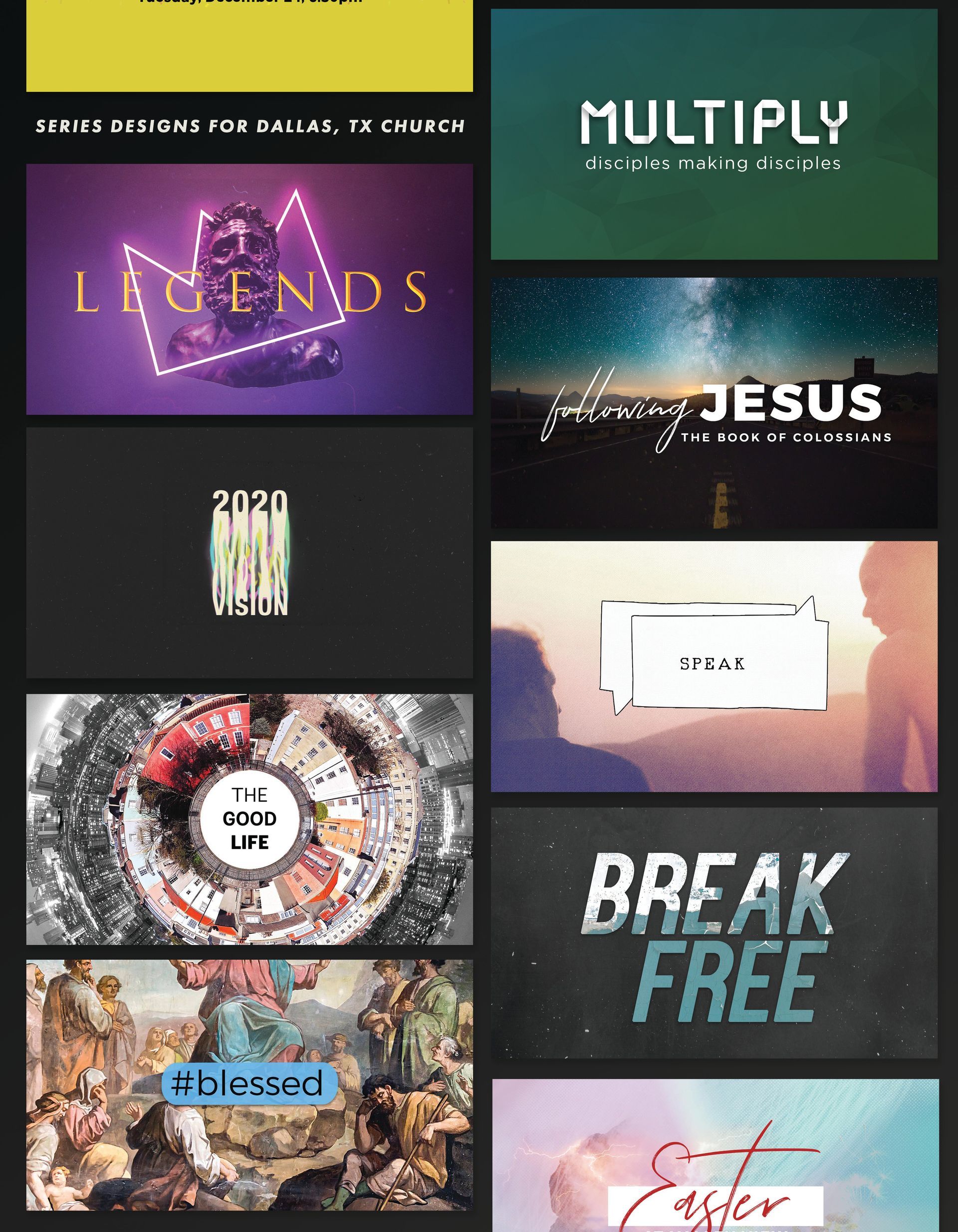 A collage of sermon series designed created custom for a local church in Dallas, TX, by Sarah Rosie.