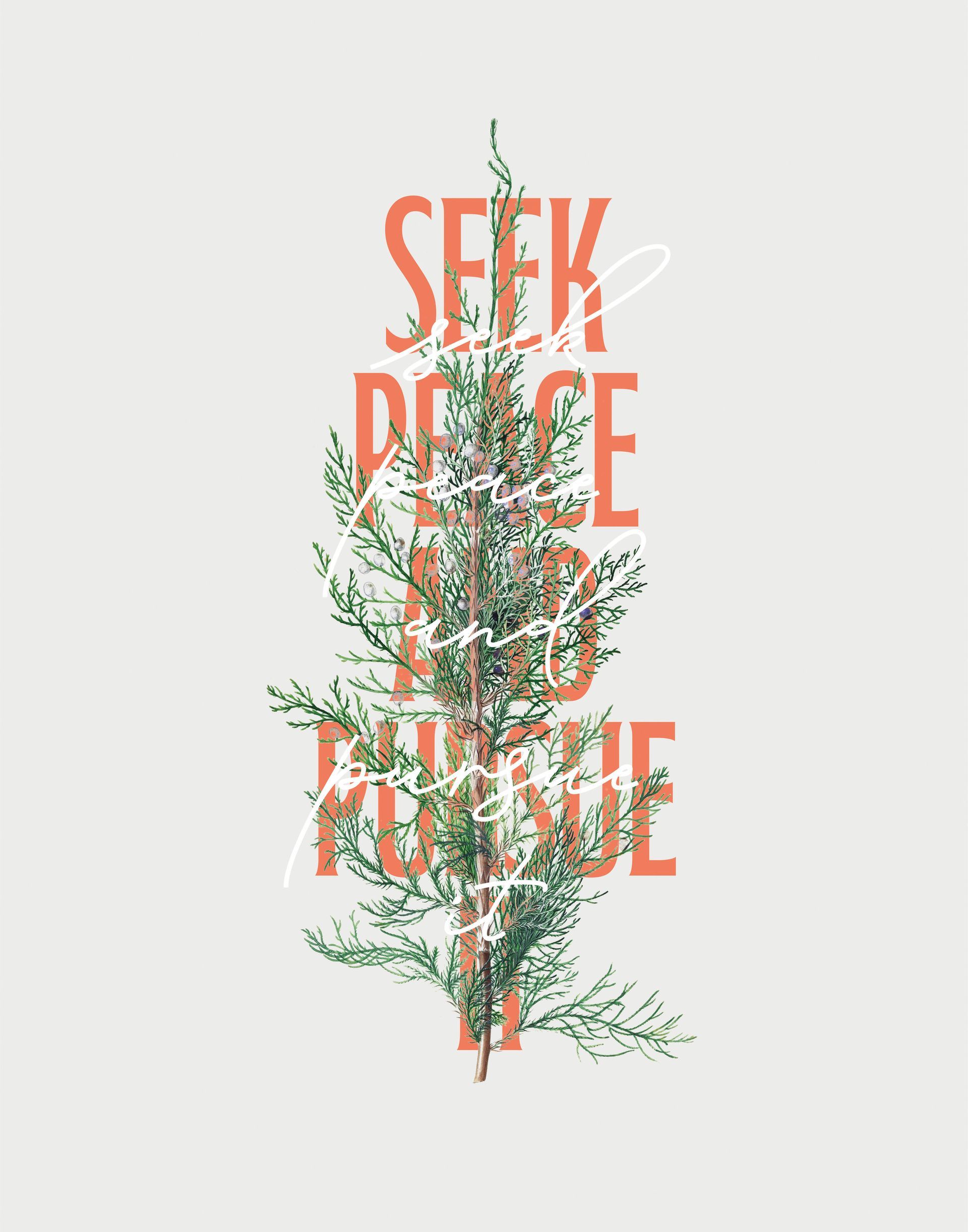 A christmas tree with the words `` seek peace in the chaos '' written on it. Custom Design by Sarah Rosie Studios.