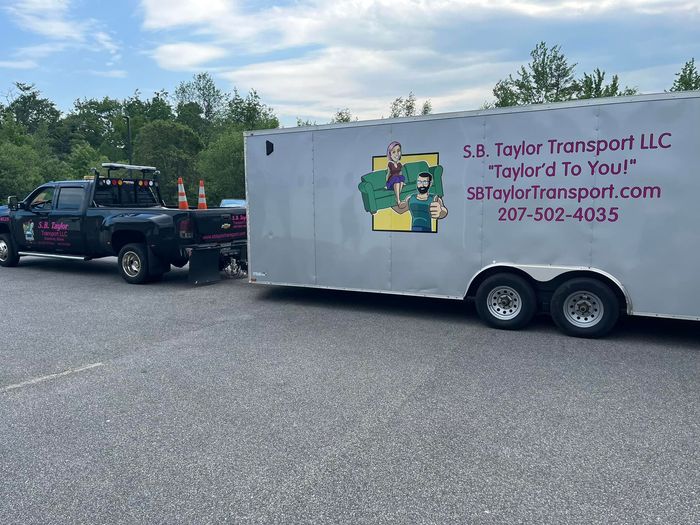 two trucks are parked next to a trailer that says SB Taylor Transport llc