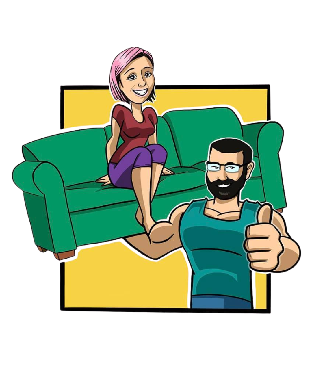a man is giving a thumbs up next to a woman sitting on a green couch .
