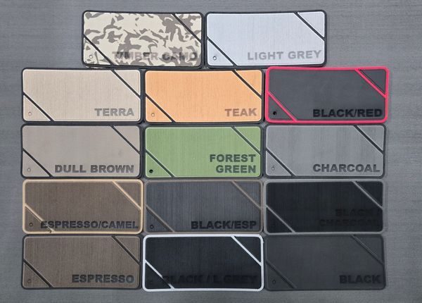 Color swatches labeled terra, teal, black/red, dull brown, forest green, charcoal, espresso/camel, black/grey, black, and light grey.