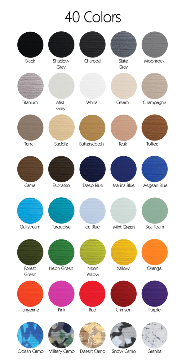 Color chart titled “40 Colors” showing rows of circular swatches in neutrals, blues, greens, reds, and grays