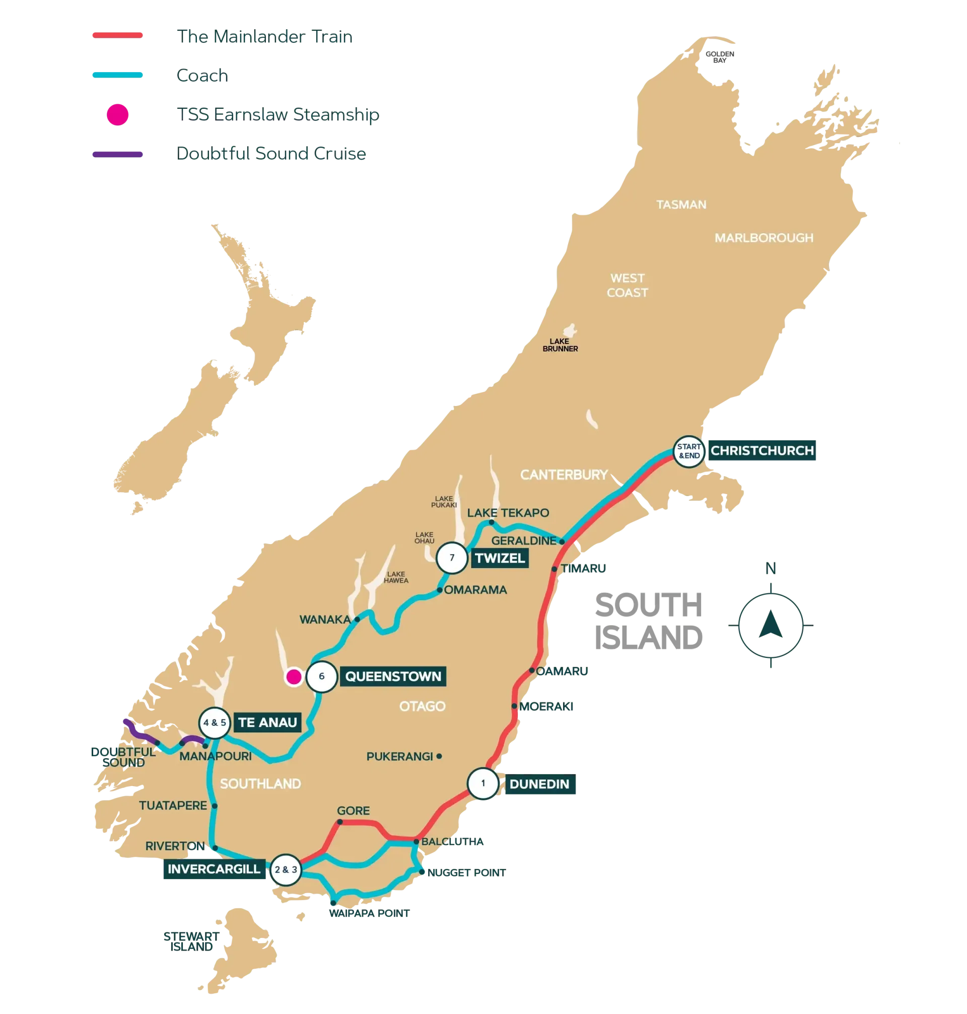 Map of the Mainlander 8 day Journey in the south island of new Zealand