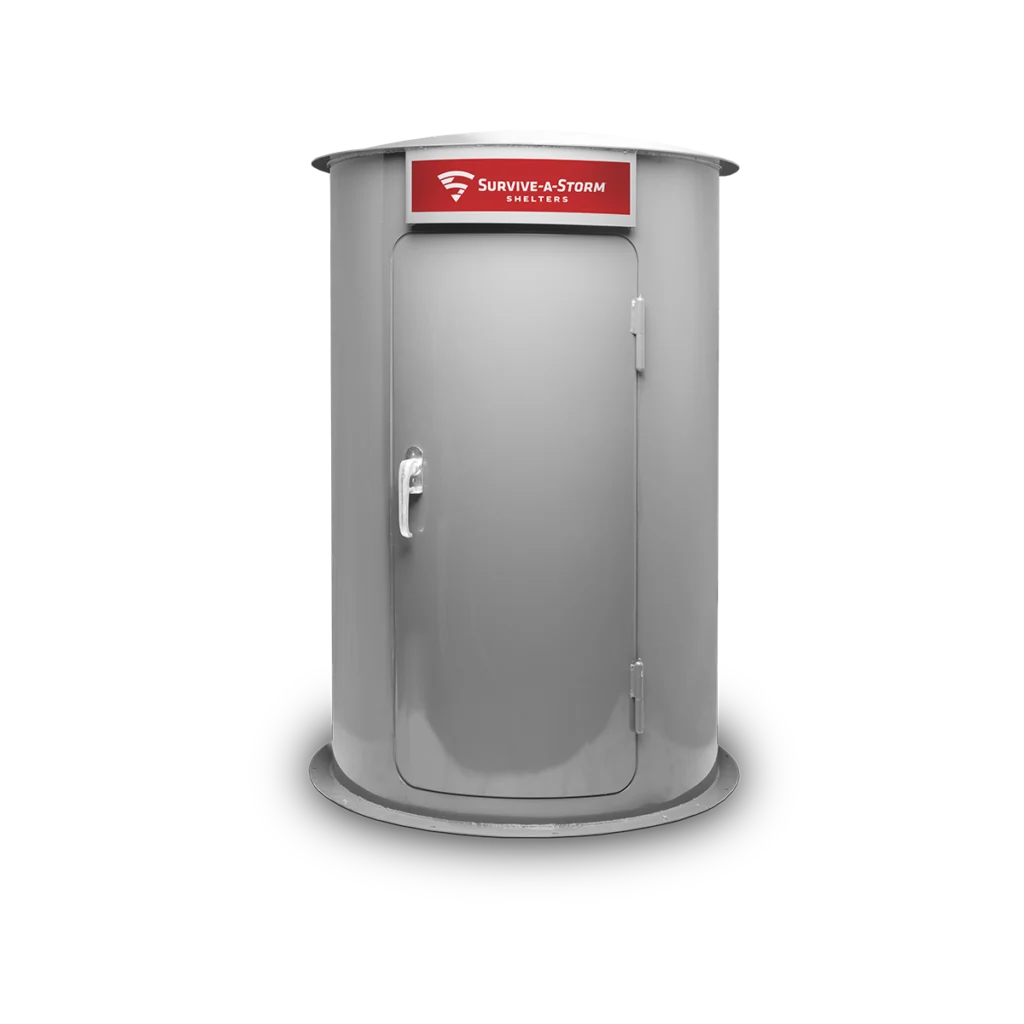 A grey, cylindrical metal security booth with a single door, handle, and a red brand logo at the top.