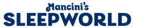 a blue logo for mancini 's sleepworld on a white background